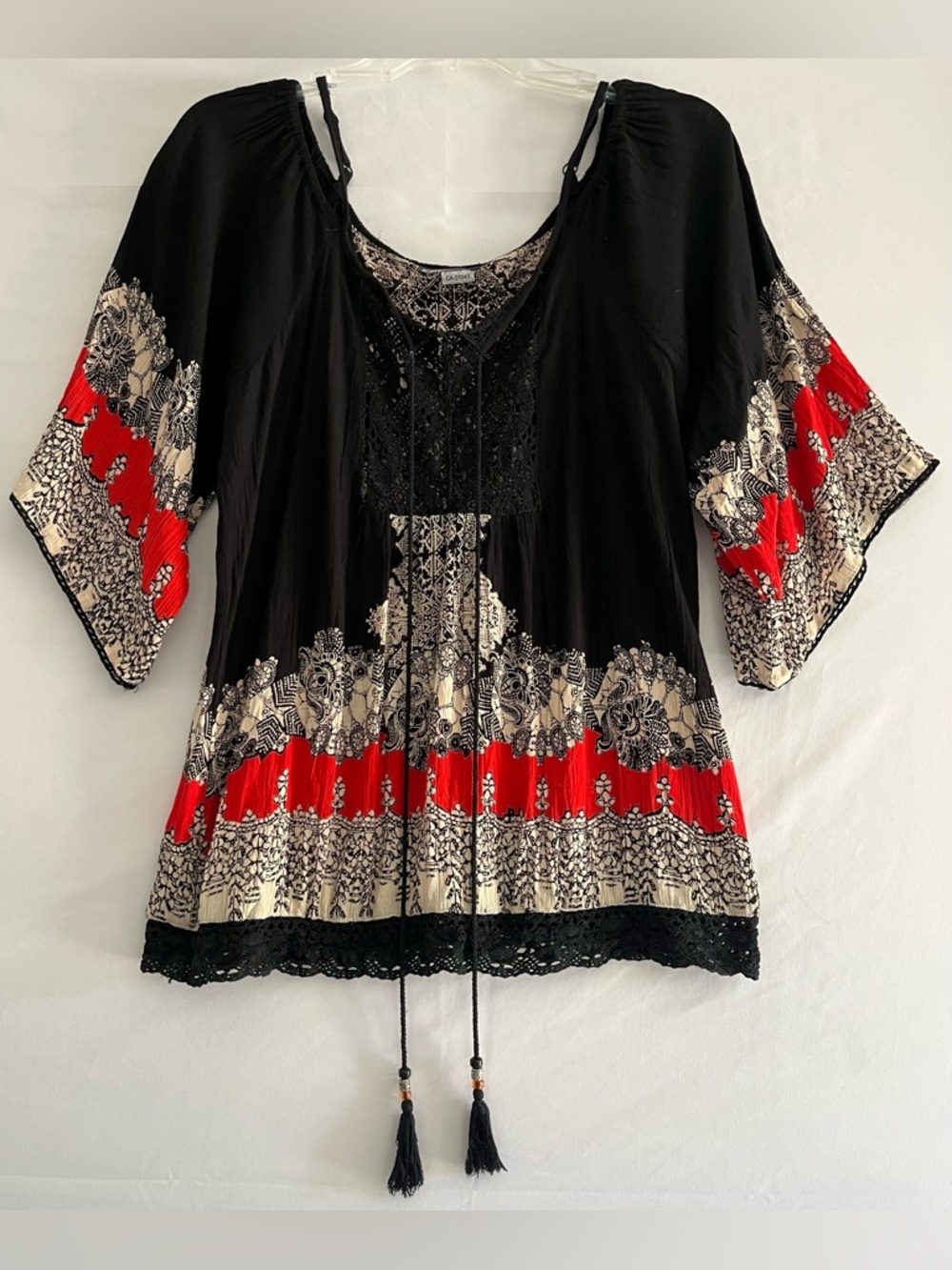 Angie Boho Festival Peasant Top Black Red Geometric Tassel Crochet M